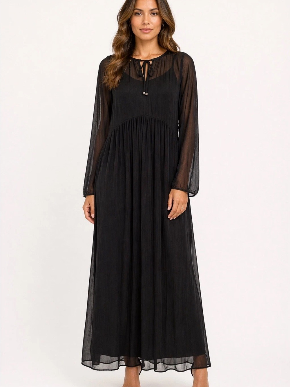 Massimo Dutti Black Pleated Maxi Dress M Sheer Long Sleeve Formal